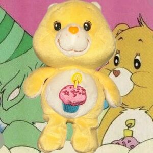 Y2K Care Bears Birthday Bear Yellow Plush Bear with Cupcake Embroidery